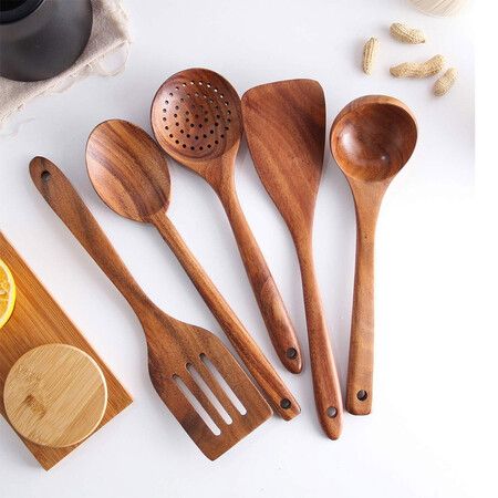 Wooden Spoons for Cooking, Cooking Utensils Set of 6 Natural Teak Wooden Cooking Spatulas with Utensils Holder, Kitchen Utensils for Nonstick Cookware