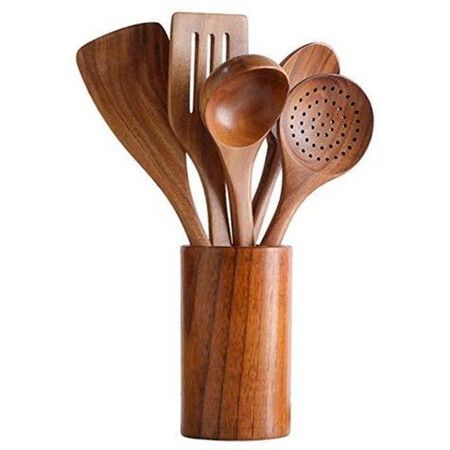 Wooden Spoons for Cooking, Cooking Utensils Set of 6 Natural Teak Wooden Cooking Spatulas with Utensils Holder, Kitchen Utensils for Nonstick Cookware