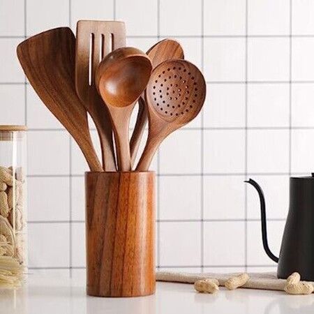 Wooden Spoons for Cooking, Cooking Utensils Set of 6 Natural Teak Wooden Cooking Spatulas with Utensils Holder, Kitchen Utensils for Nonstick Cookware
