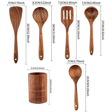 Wooden Spoons for Cooking, Cooking Utensils Set of 6 Natural Teak Wooden Cooking Spatulas with Utensils Holder, Kitchen Utensils for Nonstick Cookware