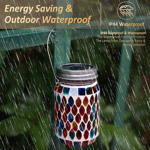 2 Pcs Mosaic Solar Lanterns Outdoor Waterproof Jar Lights Solar Powered, Hand Paste 141 Crystal Mosaics Table Hanging Garden Backyard Decor Lamps, Red
