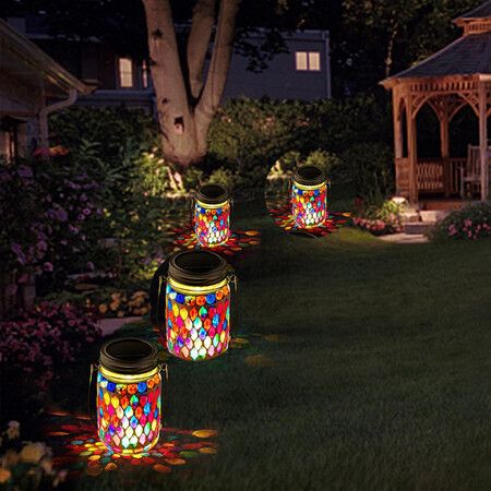 2 Pcs Mosaic Solar Lanterns Outdoor Waterproof Jar Lights Solar Powered, Hand Paste 141 Crystal Mosaics Table Hanging Garden Backyard Decor Lamps, Red