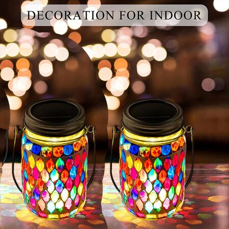 2 Pcs Mosaic Solar Lanterns Outdoor Waterproof Jar Lights Solar Powered, Hand Paste 141 Crystal Mosaics Table Hanging Garden Backyard Decor Lamps, Red
