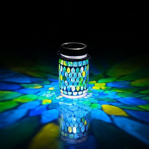 2 Pcs Mosaic Solar Lanterns Outdoor Waterproof Jar Lights Solar Powered, Hand Paste 141 Crystal Mosaics Table Hanging Garden Backyard Decor Lamps, Blue