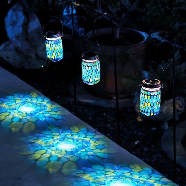 2 Pcs Mosaic Solar Lanterns Outdoor Waterproof Jar Lights Solar Powered, Hand Paste 141 Crystal Mosaics Table Hanging Garden Backyard Decor Lamps, Blue