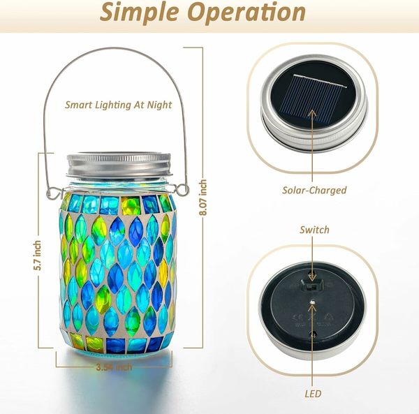 2 Pcs Mosaic Solar Lanterns Outdoor Waterproof Jar Lights Solar Powered, Hand Paste 141 Crystal Mosaics Table Hanging Garden Backyard Decor Lamps, Blue