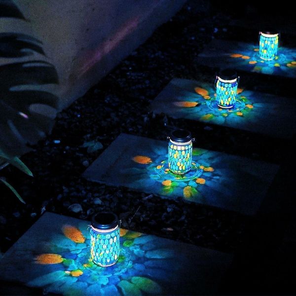 2 Pcs Mosaic Solar Lanterns Outdoor Waterproof Jar Lights Solar Powered, Hand Paste 141 Crystal Mosaics Table Hanging Garden Backyard Decor Lamps, Blue