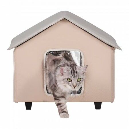 Elevated Heated Cat House Kitty Shelter with Heated Pad Brown Middle
