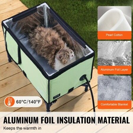 Elevated Heated Cat House Cuboid Kitty Shelter with Heated Pad Green (M)