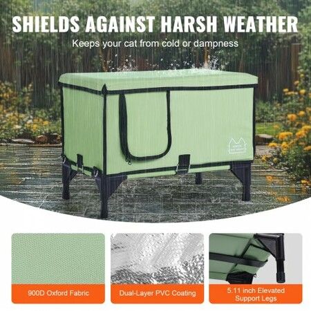 Elevated Heated Cat House Cuboid Kitty Shelter with Heated Pad Green (M)