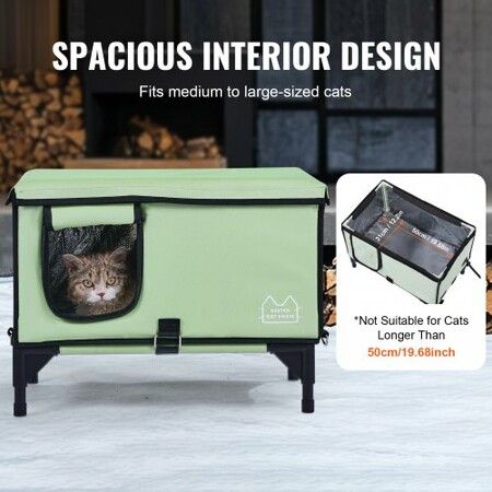 Elevated Heated Cat House Cuboid Kitty Shelter with Heated Pad Green (M)