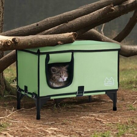 Elevated Heated Cat House Cuboid Kitty Shelter with Heated Pad Green (M)