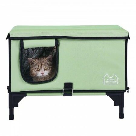 Elevated Heated Cat House Cuboid Kitty Shelter with Heated Pad Green (M)