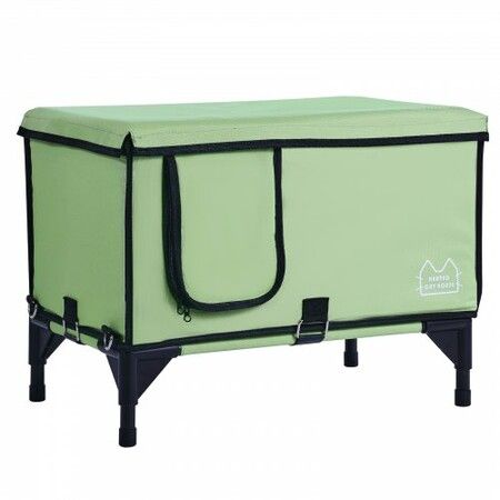 Elevated Heated Cat House Cuboid Kitty Shelter with Heated Pad Green (M)