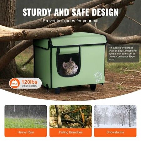 Elevated Heated Cat House Cuboid Kitty Shelter with Heated Pad Green (S)