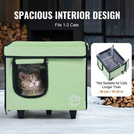 Elevated Heated Cat House Cuboid Kitty Shelter with Heated Pad Green (S)