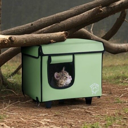 Elevated Heated Cat House Cuboid Kitty Shelter with Heated Pad Green (S)