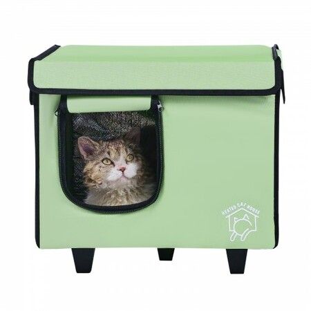 Elevated Heated Cat House Cuboid Kitty Shelter with Heated Pad Green (S)