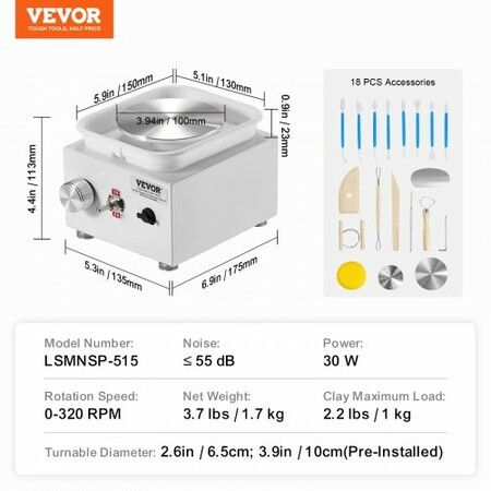 Mini Pottery Wheel Electric Ceramic Wheel Machine 0-320RPM Speed White
