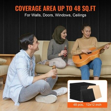 Acoustic Foam Panels 48 Pack 12 x 12 x 1 in Adhesive for Wall Ceiling