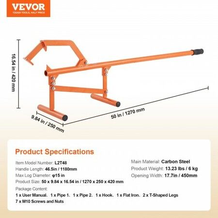 Timberjack 46.5 in Heavy Duty Log Lifter for Max 15" Dia Logs Rolling