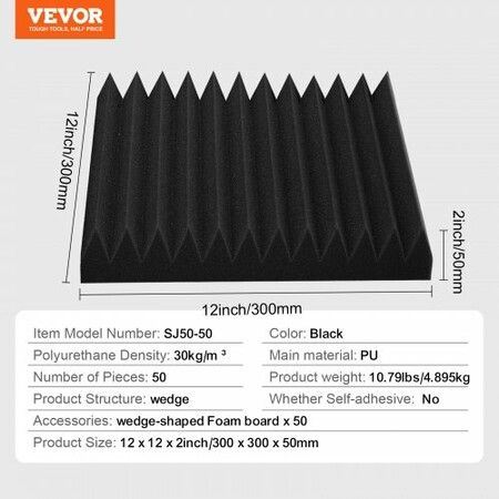 Acoustic Foam Panels 50 Pack 12 x 12 x 2 in for Studio Wall and Ceiling