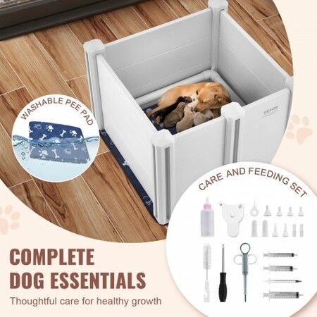 Dog Whelping Box 28.3x28.3x18.1in PVC with Rails Pee Pad for Dogs Puppies