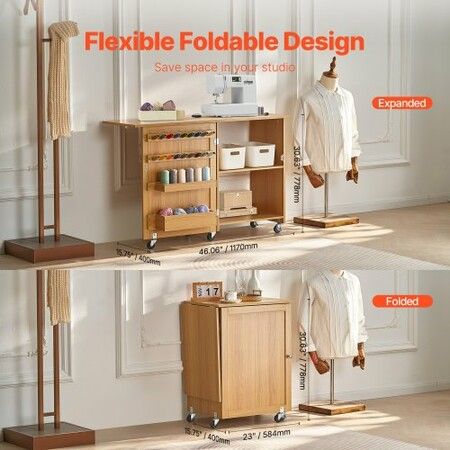 Folding Sewing Table with Lockable Wheels Shelves Trays Door Wood Color