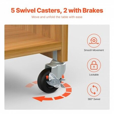 Folding Sewing Table with Lockable Wheels Shelves Trays Door Wood Color