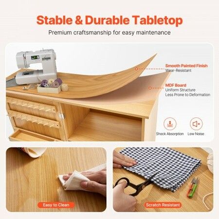 Folding Sewing Table with Lockable Wheels Shelves Trays Door Wood Color
