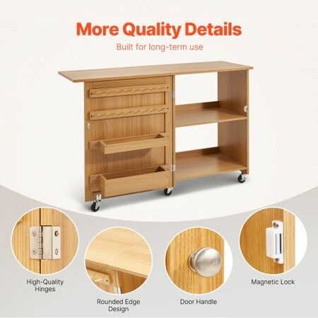 Folding Sewing Table with Lockable Wheels Shelves Trays Door Wood Color