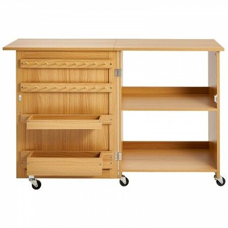 Folding Sewing Table with Lockable Wheels Shelves Trays Door Wood Color