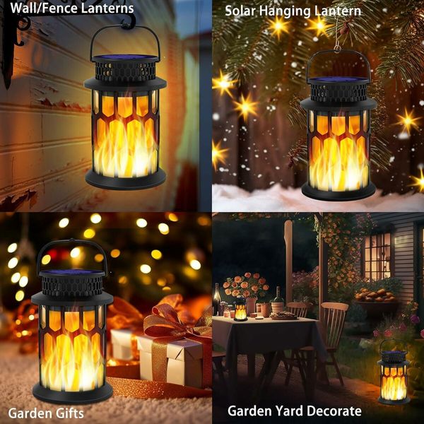 2Pcs Solar Lanterns Outdoor Waterproof, Flickering Flame Hanging Solar Lanterns Solar Powered Wireless Lantern Decorative Lighting