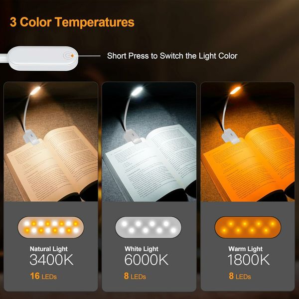 9 LED Rechargeable Book Light for Reading in Bed, Eye Caring 3 Color Temperatures for Book Lovers, White