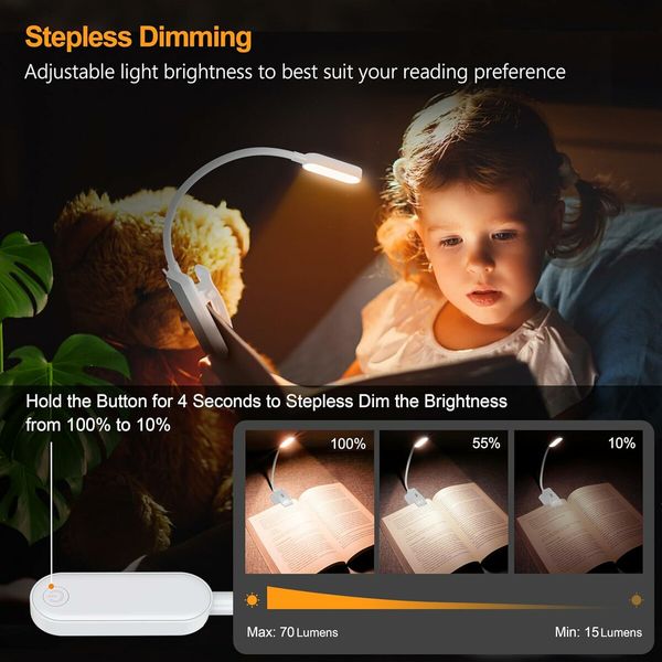 9 LED Rechargeable Book Light for Reading in Bed, Eye Caring 3 Color Temperatures for Book Lovers, White