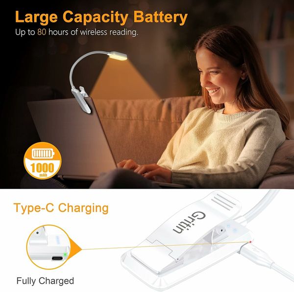9 LED Rechargeable Book Light for Reading in Bed, Eye Caring 3 Color Temperatures for Book Lovers, White