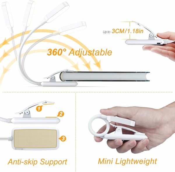 9 LED Rechargeable Book Light for Reading in Bed, Eye Caring 3 Color Temperatures for Book Lovers, White