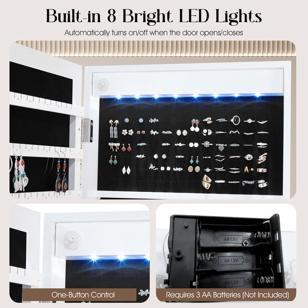 LUXSUITE LED Mirror Cabinet Jewellery Storage Shelf Organiser Lockable Floor Free Standing Armoire for Makeup Cosmetic Earring Necklace Ring 160cm