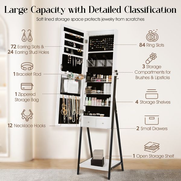 LUXSUITE LED Mirror Cabinet Jewellery Storage Shelf Organiser Lockable Floor Free Standing Armoire for Makeup Cosmetic Earring Necklace Ring 160cm