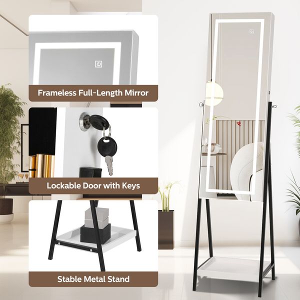 LUXSUITE LED Mirror Cabinet Jewellery Storage Shelf Organiser Lockable Floor Free Standing Armoire for Makeup Cosmetic Earring Necklace Ring 160cm