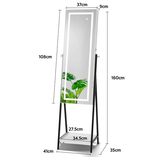LUXSUITE LED Mirror Cabinet Jewellery Storage Shelf Organiser Lockable Floor Free Standing Armoire for Makeup Cosmetic Earring Necklace Ring 160cm