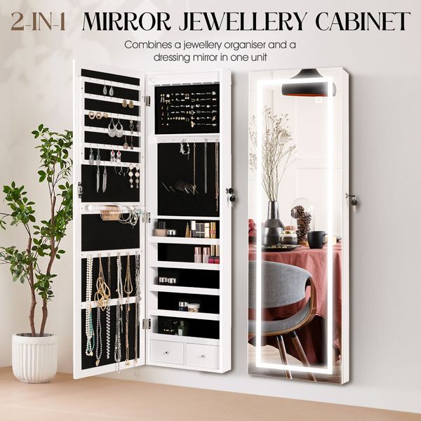 LUXSUITE LED Makeup Mirror Cabinet Armoire Jewellery Storage Full Length Lighted Vanity Dressing Door Wall Mounted Bedroom 3 Lighting Colours Lockable