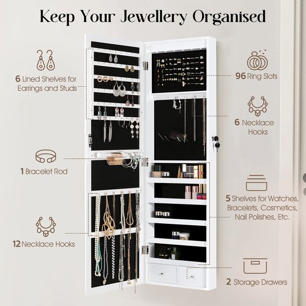 LUXSUITE LED Makeup Mirror Cabinet Armoire Jewellery Storage Full Length Lighted Vanity Dressing Door Wall Mounted Bedroom 3 Lighting Colours Lockable