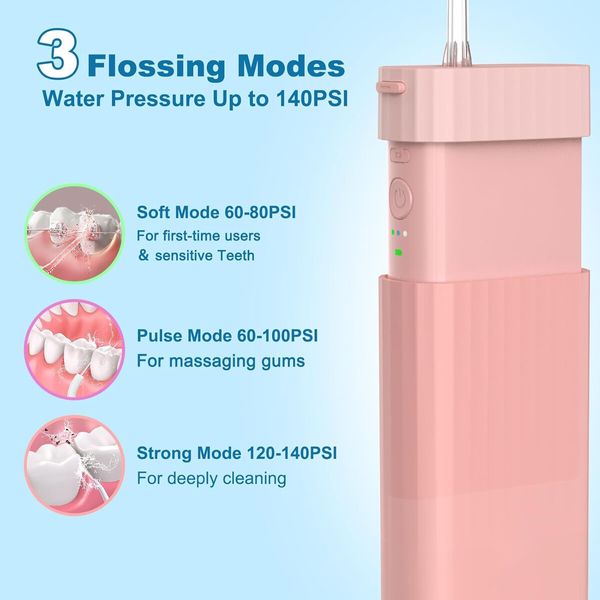 Portable Water Flosser,Travel Water Flosser Picks,Mini Cordless Oral Irrigator Rechargeable Power Dental with Telescopic Water Tank, IPX7 Wateroproof,Pink