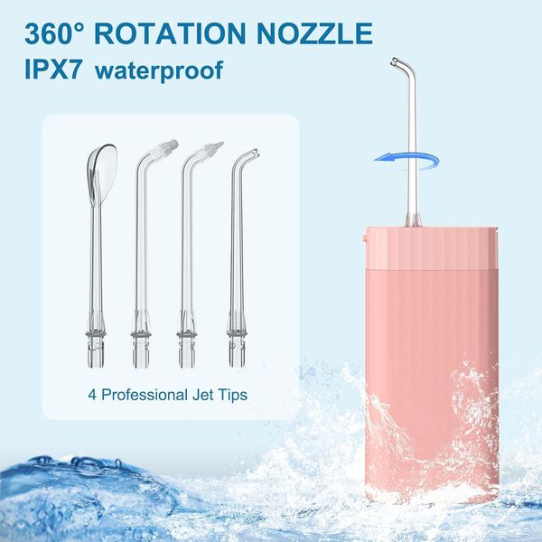 Portable Water Flosser,Travel Water Flosser Picks,Mini Cordless Oral Irrigator Rechargeable Power Dental with Telescopic Water Tank, IPX7 Wateroproof,Pink