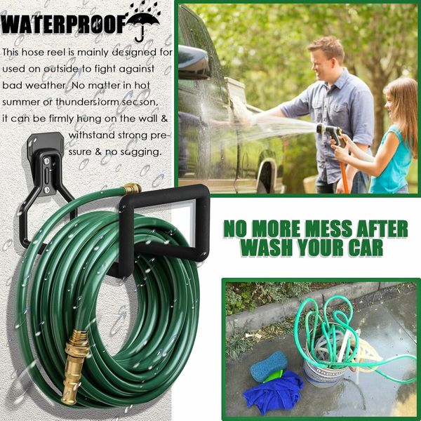Hose Holder Wall Mount, Metal Garden Hose Holder - Heavy Duty Water Hose Holder, Hose Reel Holds Up to 150Ft, Durable Hooks for Garage Outside