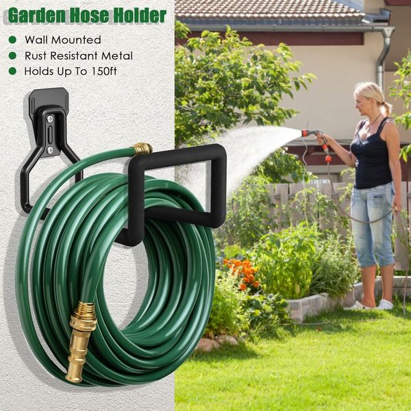 Hose Holder Wall Mount, Metal Garden Hose Holder - Heavy Duty Water Hose Holder, Hose Reel Holds Up to 150Ft, Durable Hooks for Garage Outside