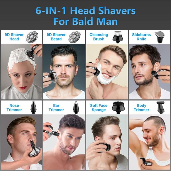 9D Head Shaver for Bald Men with Nose Hair Trimmer, Waterproof Electric Razor Grooming Kit, Wet/Dry Detachable Head Shavers with LED Display