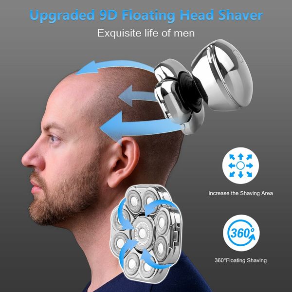 9D Head Shaver for Bald Men with Nose Hair Trimmer, Waterproof Electric Razor Grooming Kit, Wet/Dry Detachable Head Shavers with LED Display