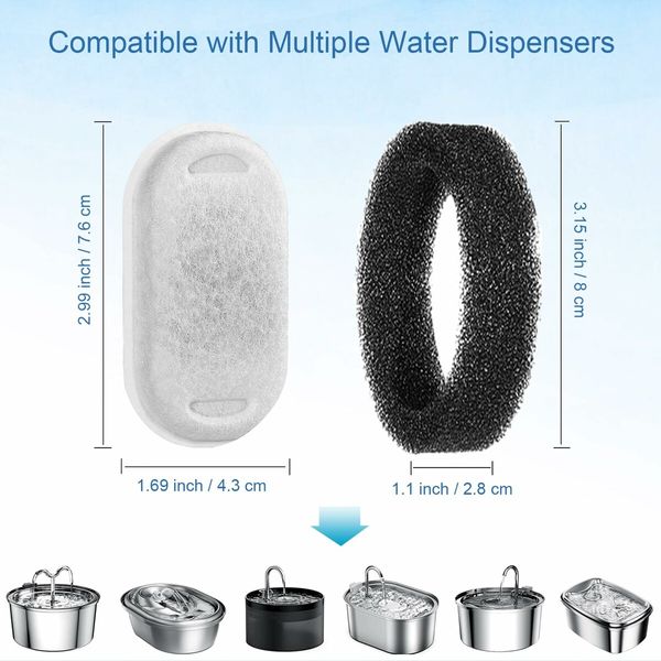 Pet Water Fountain Replacement Filters for 67oz/2L and 108/3.2L Stainless Steel Fountain,20 Water Bowl Dispenser Filter Replacement with 20 Sponges